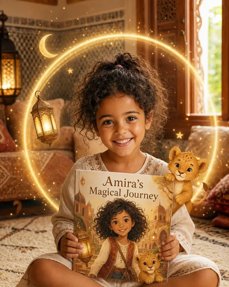 Enfant marocain découvrant son livre personnalisé CustomNa