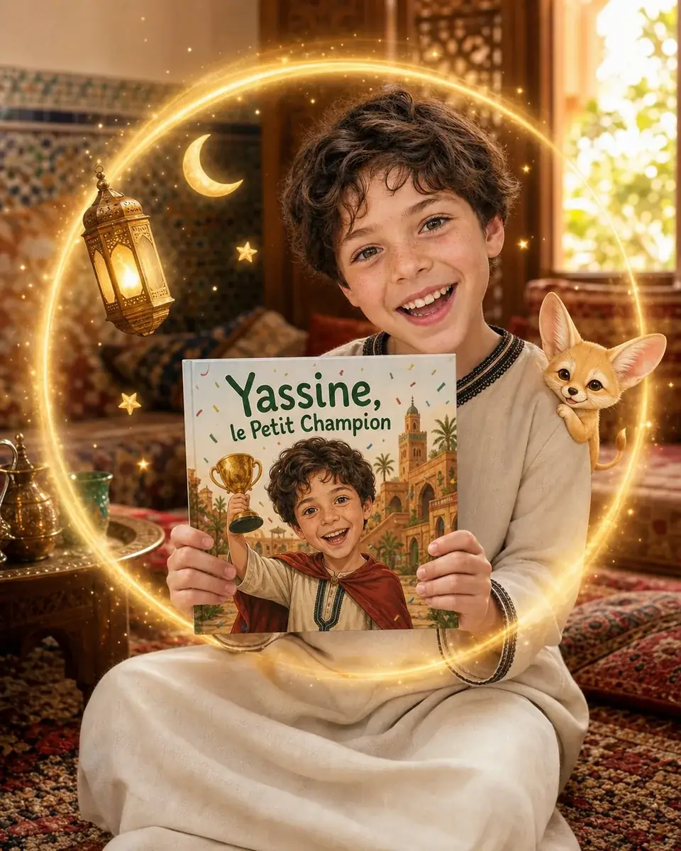 Enfant marocain découvrant son livre personnalisé CustomNa